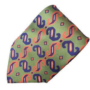 Great Wall Necktie 4" Wide Geometric Green Red Blue Silk 56" Vintage 70s